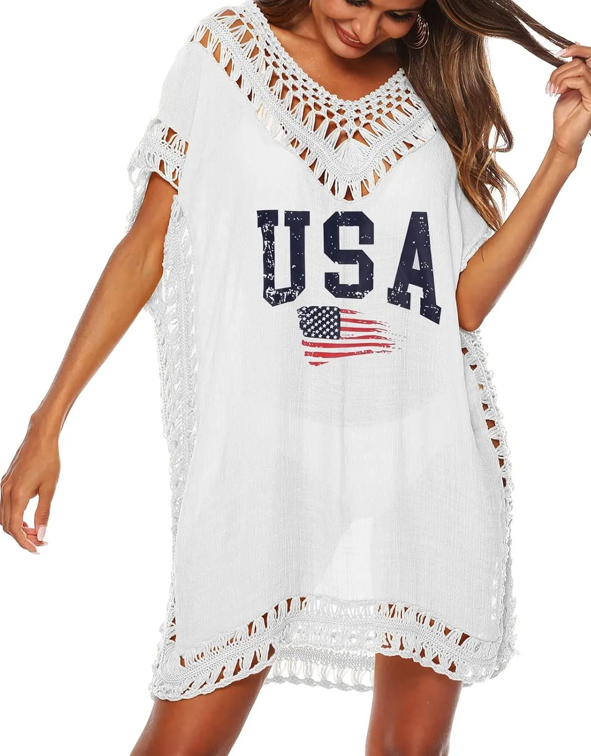 Women's Swimwear Cover ups Summer Short Sleeve Crochet Sexy Beach Dress