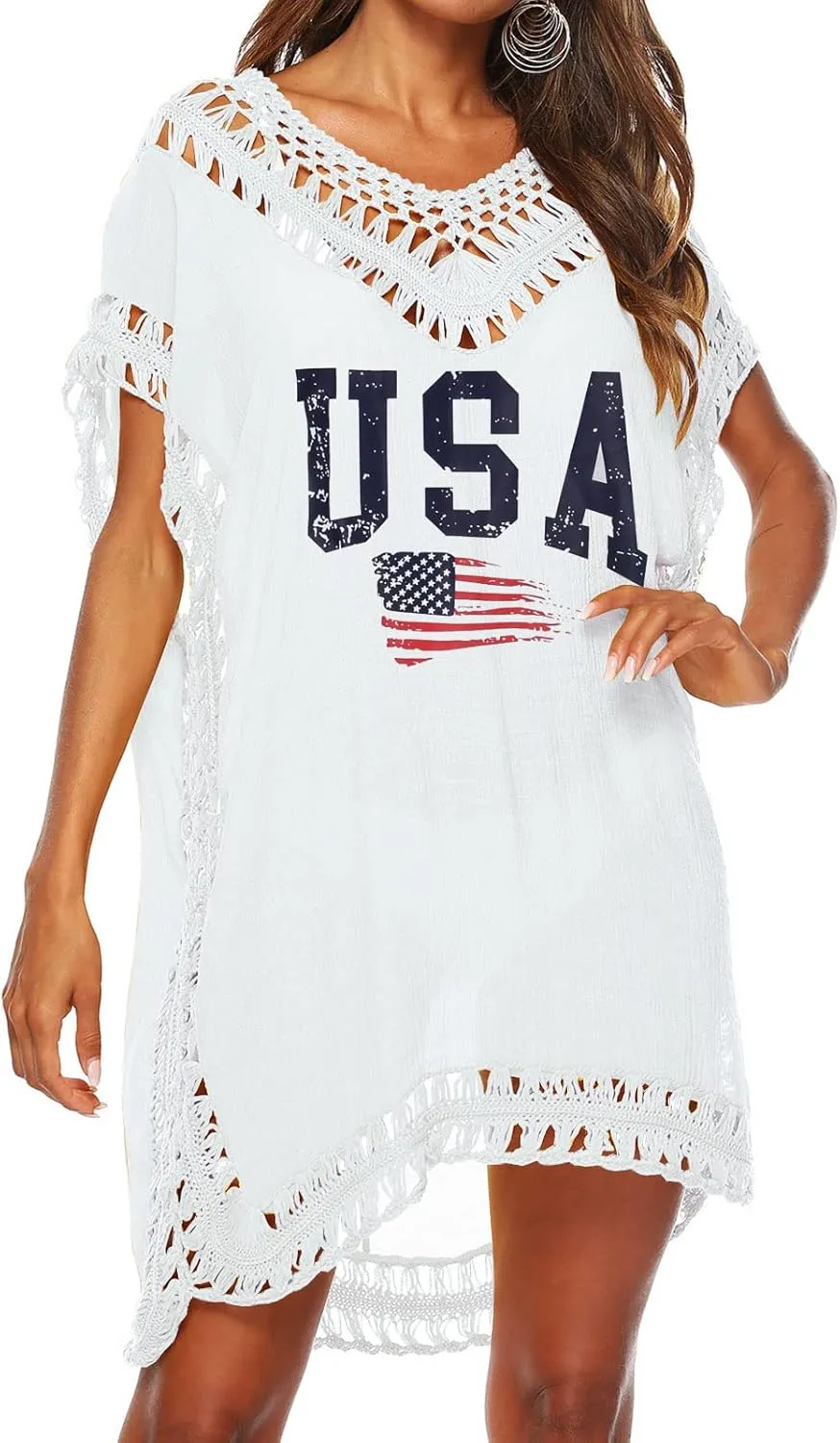 Women's Swimwear Cover ups Summer Short Sleeve Crochet Sexy Beach Dress