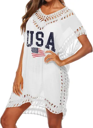 Women's Swimwear Cover ups Summer Short Sleeve Crochet Sexy Beach Dress