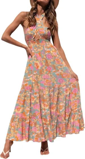 ZESICA Women's 2025 Summer Crossover Halter Neck Sleeveless Plaid Cut Out Backless Flowy A Line Maxi Dress